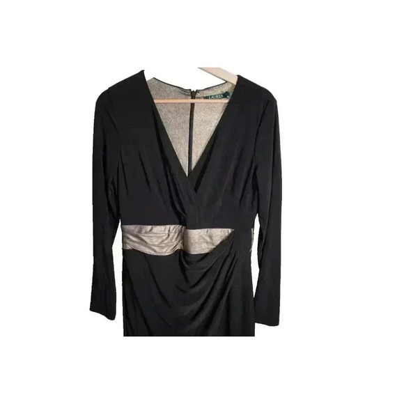 LAUREN RALPH LAUREN Gold/Black Jersey Wrap Gown Side slit Size 10P NWT MSRP $194 - Picture 2 of 13